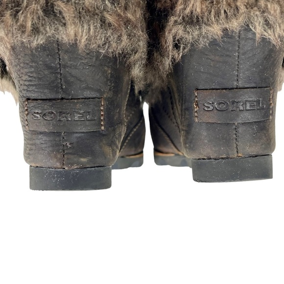 SOREL JOAN OF ARCTIC WEDGE ANKLE APRES SKI FAUX FUR BROWN LEATHER ANKLE BOOTS - Picture 10 of 13